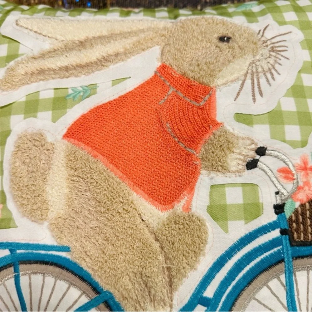 Easter decorative pillow plush bunny riding bicycle